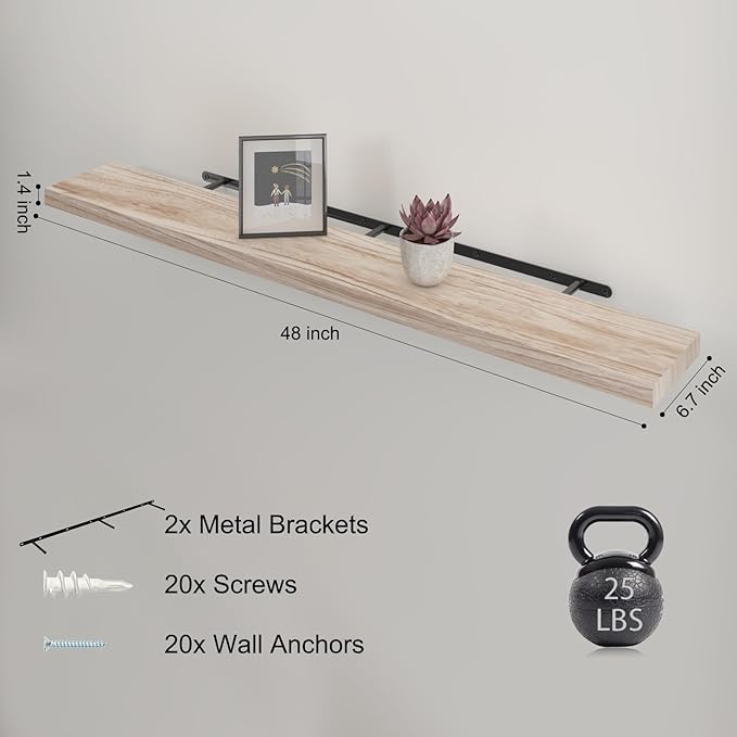 Floating Shelves 48 Inch Wall Shelf Solid Wood Mounted Storage for Bedroom Living Room Set of 2, Rustic Torched Wall Shelves