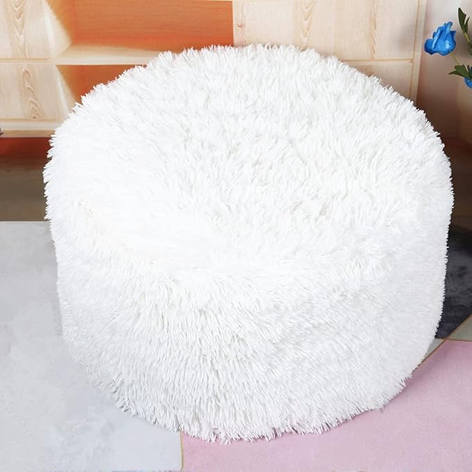 Asuprui Ottoman Pouf Unstuffed Ottoman Foot Rest 20x12 Inches Floor Pouf Round Floor Bean Bag Chair No Filler Foot Rest with Storage for Living Room Bedroom Office White Cover ONLY