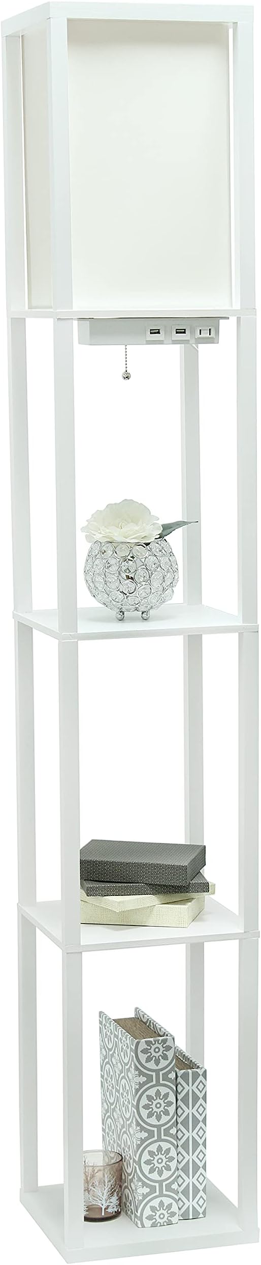Simple Designs LF1037-WHT Floor Lamp Etagere Organizer Storage Shelf with 2 USB Charging Ports, 1 Charging Outlet and Linen Shade, White