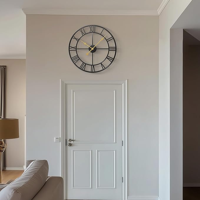 24 Inch Wall Clock Black, Large Decorative Wall Clocks for Living Room, Modern Metal Round Clocks Battery-Operated Completely Silent Non Ticking Roman Number
