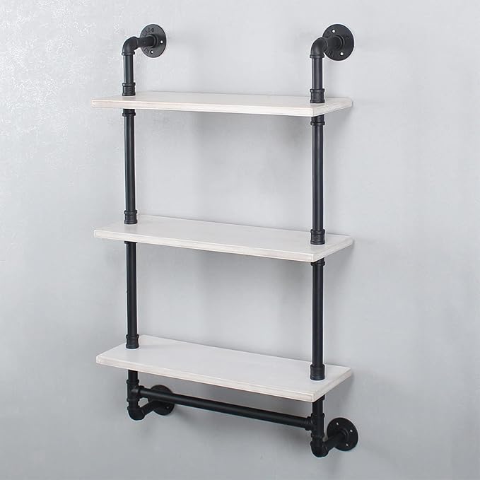 Industrial Pipe Shelving,Iron Pipe Shelves Industrial Bathroom Shelves with Towel bar,24in Rustic Metal Pipe Floating Shelves Pipe Wall Shelf,3 Tier Industrial Shelf Wall Mounted,Black & White