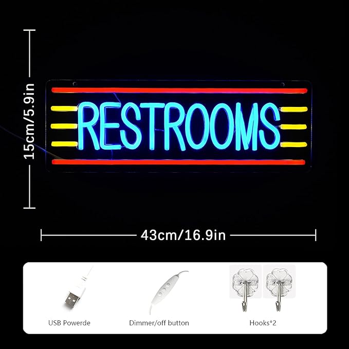 Restroom Neon Sign for Business Toilet Neon Light Bathroom LED Neon Sign Restrooms LED Neon Light for Home Bar Shop Hotel Shop Mall Supermarket Decoration