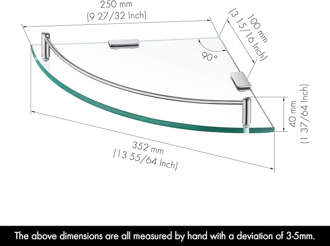 KES Glass Corner Shelf for Bathroom Corner Shelf 2 Pack Tempered Glass Shelf with Rail SUS 304 Stainless Steel Wall Mounted Brushed Finish, BGS2101A-2-P2