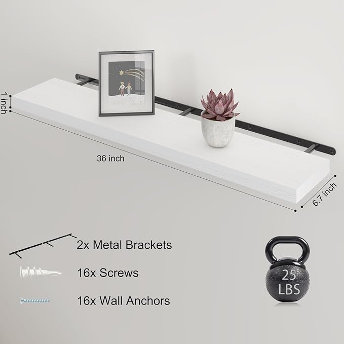 Floating Shelves 36 Inch Wall Shelf Solid Wood Mounted Storage for Bedroom Living Room Set of 2, White Wall Shelves