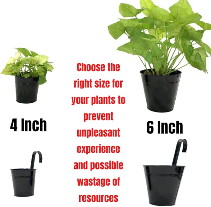 LaLaGreen Railing Planter 10 Pack, 6 Inch Hanging Flower Pot Black, Outdoor Large Metal Iron Fence Bucket, Balcony Garden Wall Deck Porch Patio Rail Decor Hanger Hook Farmhouse Balcony 6'''' (15cm)