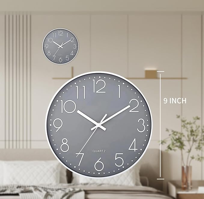 Wall Clock Silent & Non Ticking Modern Quartz Battery Operated Digital Quiet Sweep Office/Home/School/Kitchen Decor Clocks 9 Inch