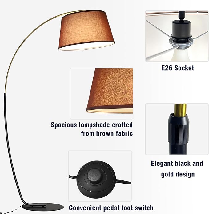 Arc Floor Lamp,74" Tall Floor Lamps,Vintage Floor Lamp Gold & Black Arched Pole Design,15W Dimmable RGB Bulb(LED) Included