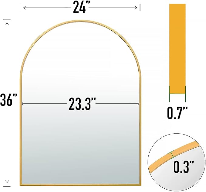 24x36 Arch Mirror Rectangle Full Length Wall Mounted Hanging or Against Wall Metal Frame Dressing Make-up Mirrors for Entryway Bedroom Bathroom Living Room 24 36 inch Gold