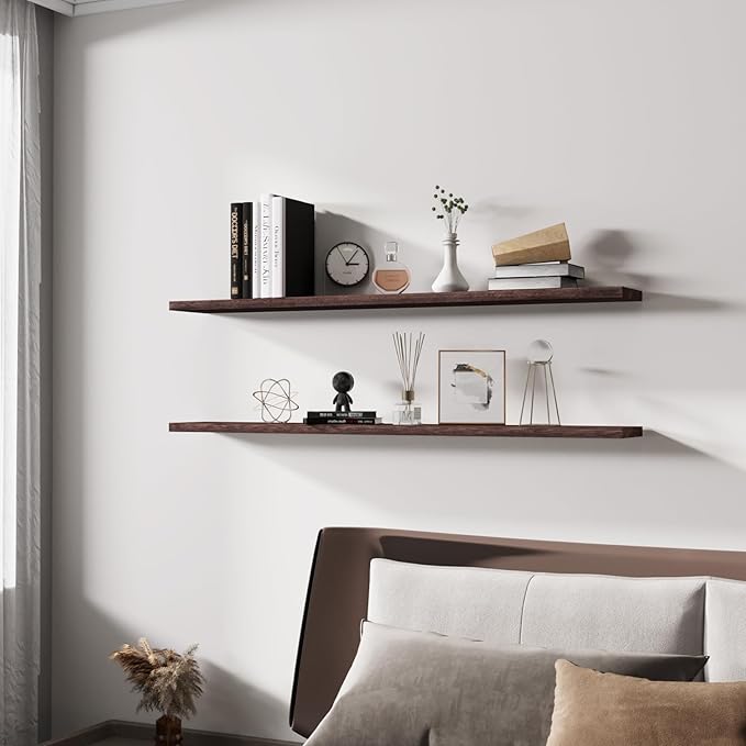 Floating Shelves 48 Inch Wall Shelf Solid Wood Mounted Storage for Bedroom Living Room Set of 2, Rustic Brown Wall Shelves