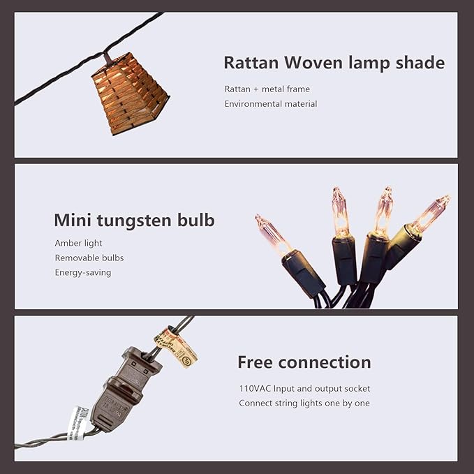 Outdoor-String-Lights-Waterproof, Boho String Lights for Patio, Garden, Porch, Balcony, Gazebo Decorative (Rattan)