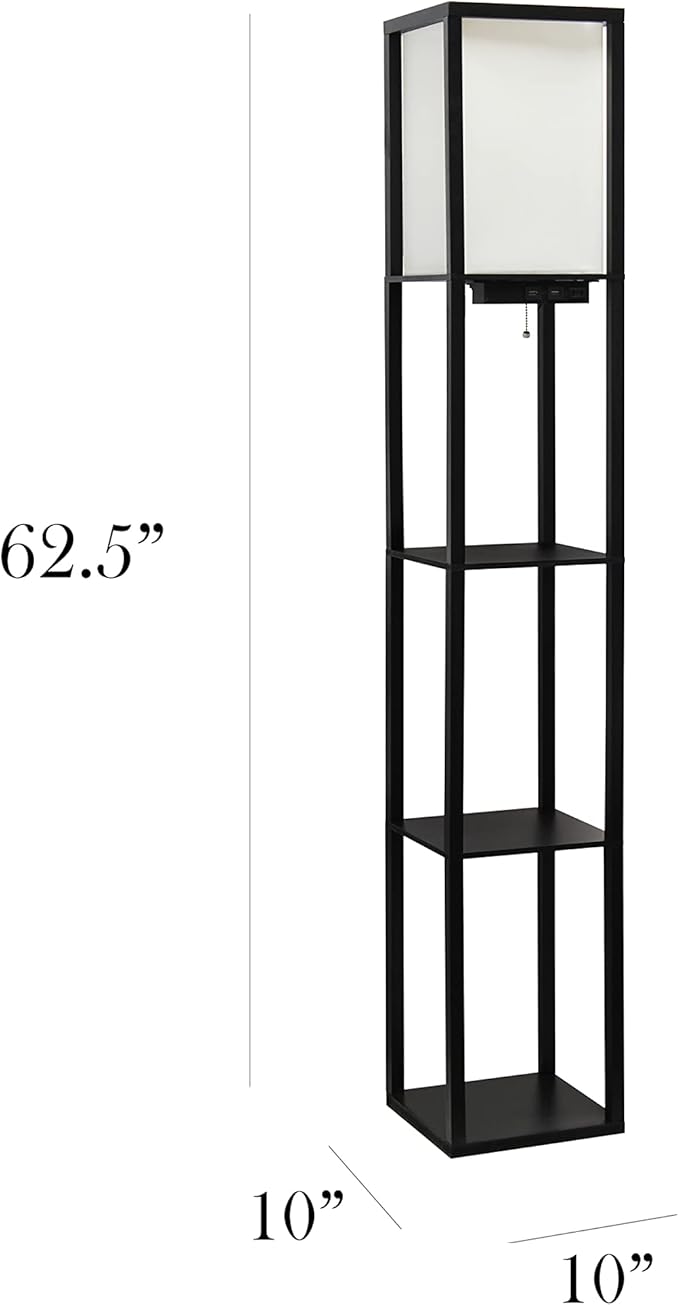 Simple Designs LF1037-BLK Floor Lamp Etagere Organizer Storage Shelf with 2 USB Charging Ports, 1 Charging Outlet and Linen Shade, Black