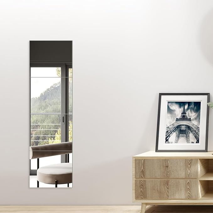 Ruomeng Full Length Wall Mirror Tiles - 12" x 10" x 4Pcs Frameless Full Body Mirror Tiles Wall Mounted Mirror for Home Gym Vanity Bedroom, Living Room