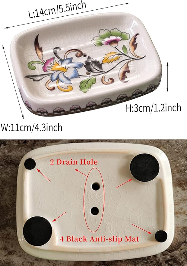 Ceramic Soap Dish Creative Ice Crack Ceramic Clorful Flower Pattern Soap Dish Holder for Bathroom and Shower Soap Tray Box with Drain Gift for Mum Family