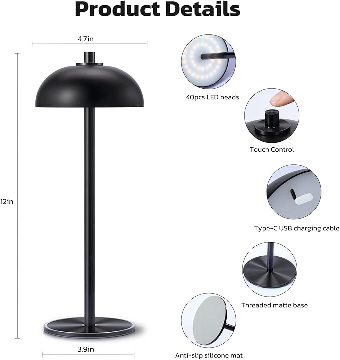 Rechargeable Cordless Table Lamp 2 Pack - 5000mAh Battery Powered Lamp, 3 Color Stepless Dimming LED Table Light with Memory Function for Indoor, Outdoor, Dinner, Home, Restaurant.(Black)