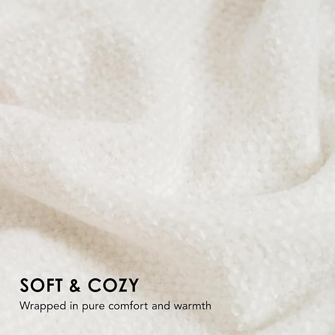 EVERGRACE Soft Chenille Throw Blanket for Couch, Cozy Plush Fuzzy Decorative Chenille Knit Throw Blanket with Tassels, Lightweight Blanket and Throws for Bed Sofa Gift Home Decor, Ivory White 50"x60"