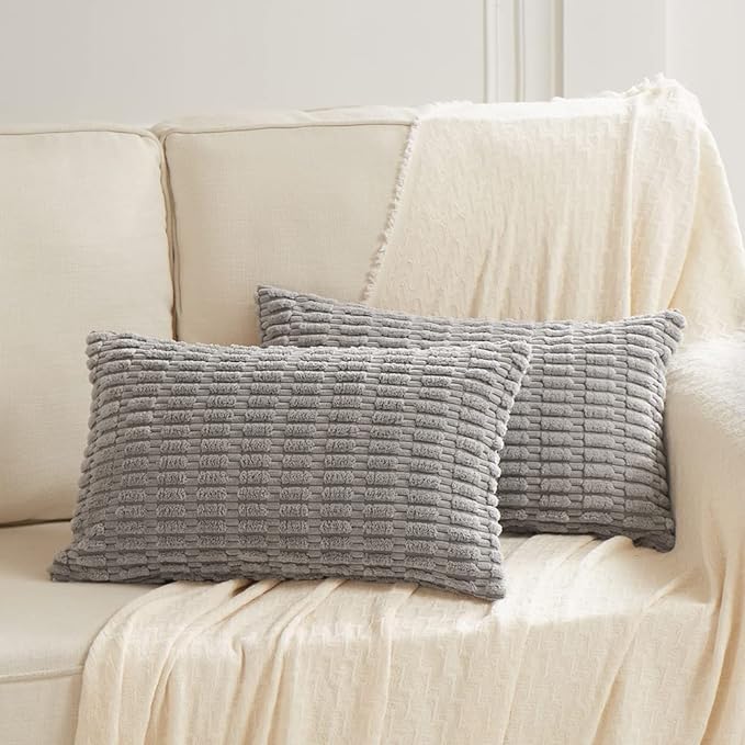 Fancy Homi 4 Packs Grey Decorative Throw Pillow Covers 12x20 Inch for Living Room Couch Bed, Rustic Modern Farmhouse Boho Home Decor, Soft Plush Corduroy Gray Cute Square Accent Cushion Case 30x50 cm