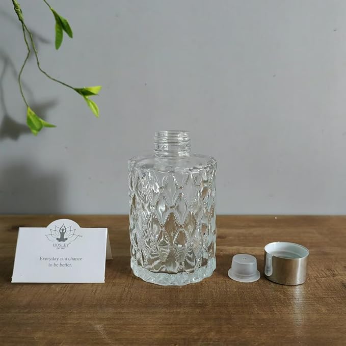 Hosley Set of 4 Mid Century Modern Glass Diffuser Bottles 4 Inch High. Ideal for Use with Essential Oils Hosley Replacement Diffusers and Hosley Reed Sticks DIY Crafts O3 Silver