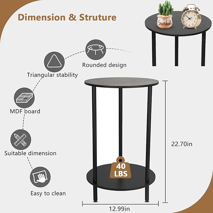 Round Side Table Set of 2, 2-Tier End Table, Small Round Nightstands with Storage Shelf, Modern Accent/Coffee/Bedside Table for Living Room, Bedroom-Black