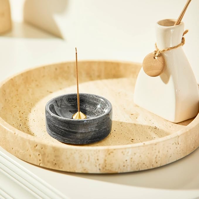 Travertine Marble Vanity Tray, Round Ottoman Tray Minimalist Modern Decorative & Fruit Serving Plate for Bathroom, Kitchen, Nightstand, Coffee Table Decor, Jewelry Ring Dish Holder, Beige