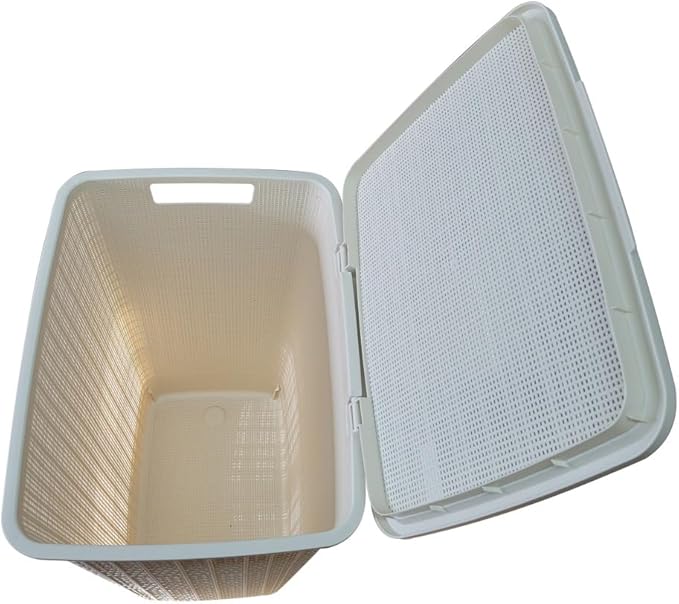 YBM Home Plastic Rattan Laundry Hamper Basket with Hinged Lid, Ventilation Holes, Durable, Lightweight Bin With Cutout Handles, Storage Dirty Clothes, Space Saver, 16.75" x 13.5" x 23.75", Beige