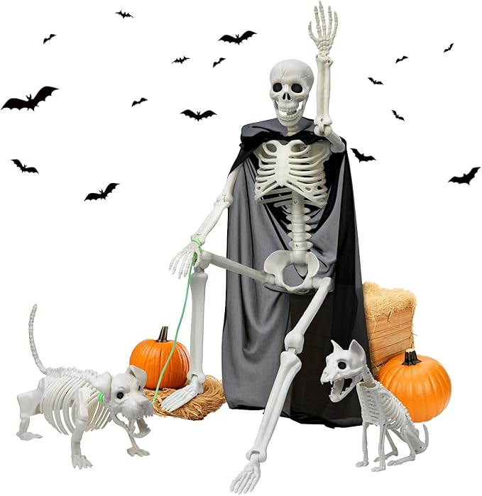 Askill 36" Skeleton Halloween Decorations, 3FT Posable Skeleton with Dog & Cat Skeleton - 5 in 1 Creepy Plastic Movable Joint Skeleton for Halloween Party Yard Decor (36inch)