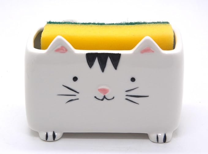 Cat Sponge Holder - Cute Kitchen Accessories and Home Decor - Ceramic Holder for Women - Ideal Birthday and Valentine's Day Gift