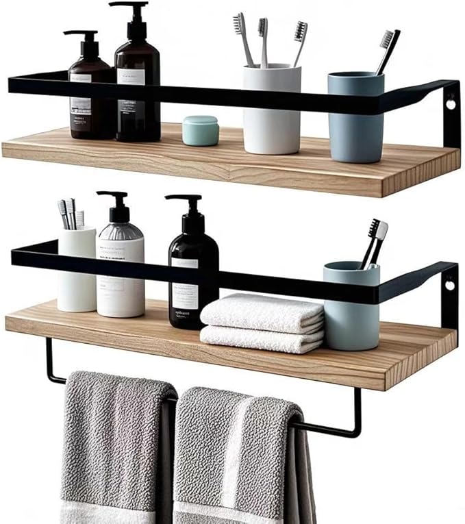 Wood Floating Shelves for Wall,Set of 2 Hanging Shelves with Towel Bar,Decorative Wall Shelves for Bedroom,Living Room,Bathroom,Kitchen