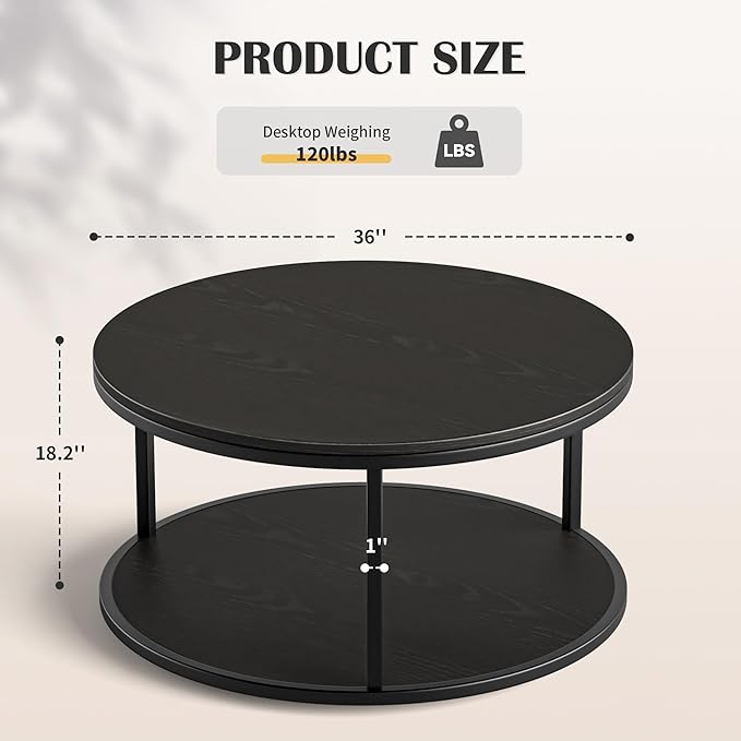 JUMMICO 36" Coffee Tables with Storage, 2-Tier Round Coffee Table, Center Table for Living Room, Furniture for Small Spaces, Black
