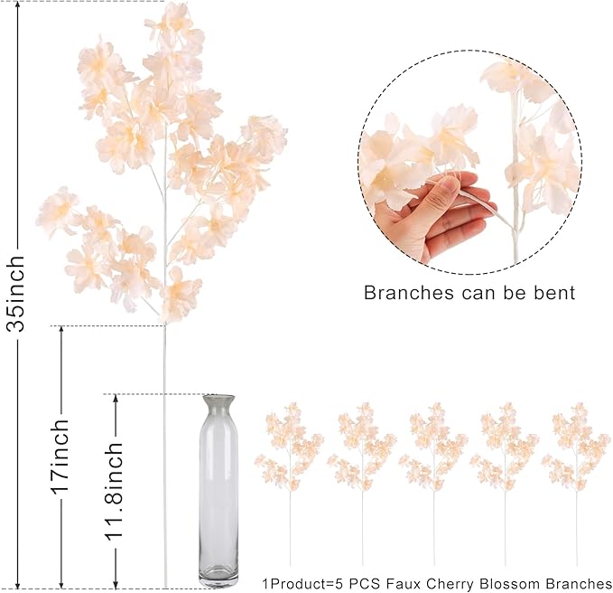 Pusuny Artificial Faux Cherry Blossom Branches Decor, 35 Inch for Tall Floor Vase Used as Wedding Home Decoration, Fake Flowers for Dinner Table Centrepiece, Champagne, 5PCS