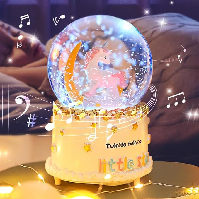Moon Unicorn Snow Globe Automatic Rotating Snow Flakes with Coloful Light Music Christmas Birthday Presents Gifts for Kids Girls Baby Sister Daughter Granddaughter Women Mom Grandma