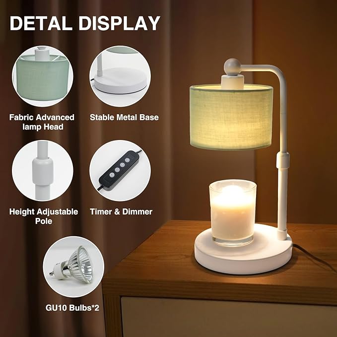Candle Warmer Lamp with Timer, Dimmable Candle Wax Warmer, Height Adjustable Electric Candle Lamp Warmer with 2 Bulbs, Gifts Idea for Women Her, Mom, Vintage Home Decor for Bedroom-Mint Green