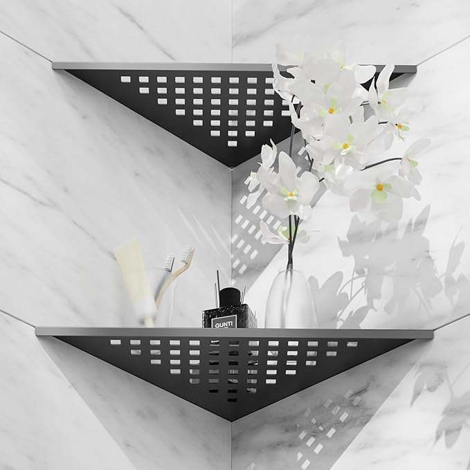 Shower Corner Shelf 10" Slot Design Bathroom Shelves for Tiled Wall, 304 Stainless Steel Recessed Shower Organizer Corner Shelves for Bathroom Decor, Matte Black, 2 Pack (Square)