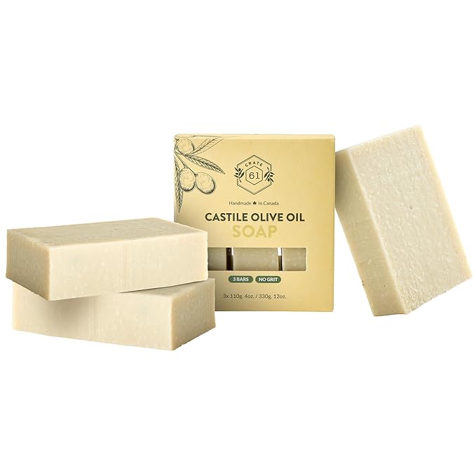 Crate 61, Handmade in Canada, Plant Based Cold Process Natural Bar Soap For Face And Body, With Premium Essential Oils, For Men And Women 3 Pack (Castile (Unscented))