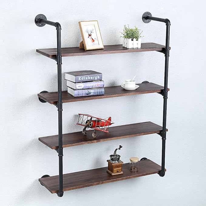 Industrial Pipe Shelving Wall Mounted,36in Rustic Metal Floating Shelves,Steampunk Real Wood Book Shelves,Wall Shelf Unit Bookshelf Hanging Wall Shelves,Farmhouse Kitchen Bar Shelving(4 Tier)