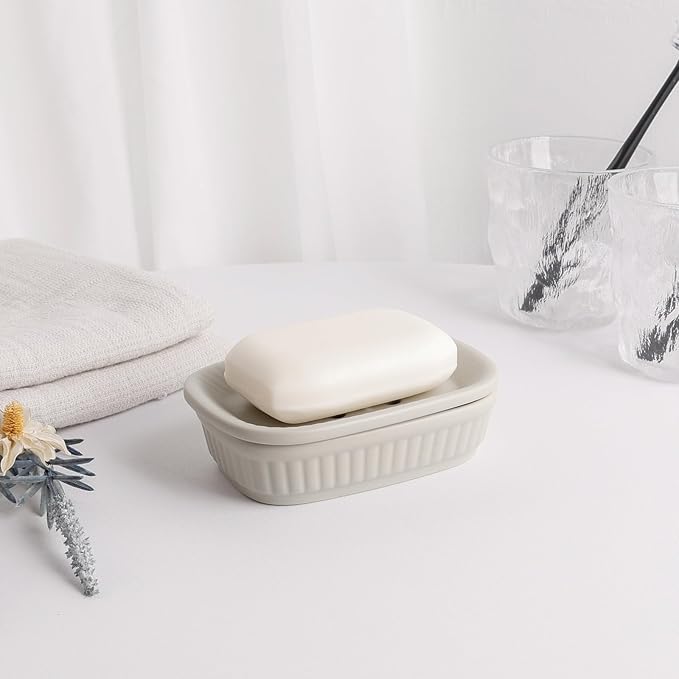 Soap Dish, Self-draining Bar Soap Holder, Ceramic Double Layer Soap Dishes for Bar Soap, Draining Soap Dish for Bathroom Shower Kitchen, Minimalist Vintage Style, Keep Soap Dry, Grey, ANTIS'S HOME