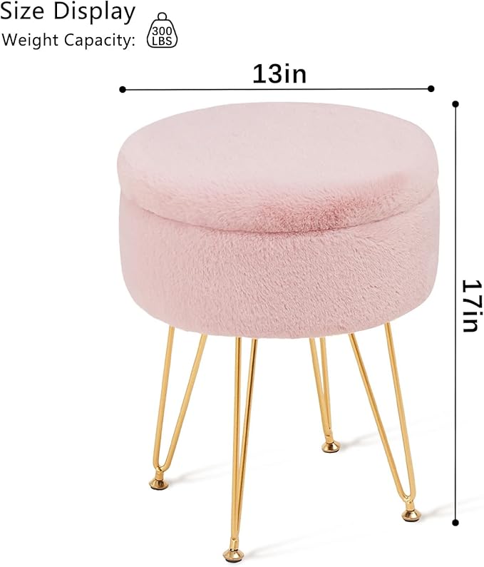 Cplxroc Ottomans Round Faux Fur Ottoman with Storage Footstools Vanity Chair Coffee Table Ottoman for Living Room (Pink)