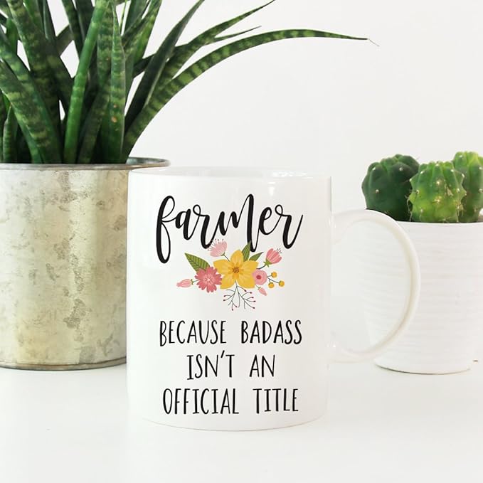 Andaz Press 11oz. Coffee Mug Gag Gift, Farmer Because Badass Isn't an Official Title, Floral Graphic, 1-Pack