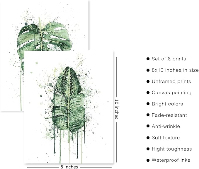 HoozGee Sage Green Leaf Poster Watercolour Splash Botanical Plant Wall Art Print Boho Plant Wall Decor Canvas Leaves Prints for Kitchen Bedroom Livingroom Bathroom Wall Decor (8"x10" UNFRAMED)