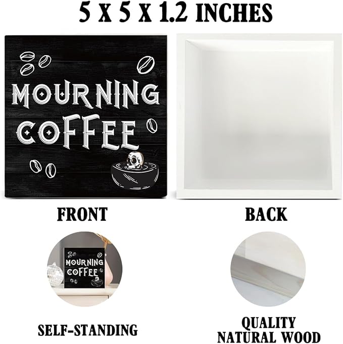 Halloween Decorations, Mourning Coffee Wooden Sign Decor Desk Sign Gothic Home Wooden Block Sign Halloween Kitchen Decor for Table Shelf 5 x 5 Inch