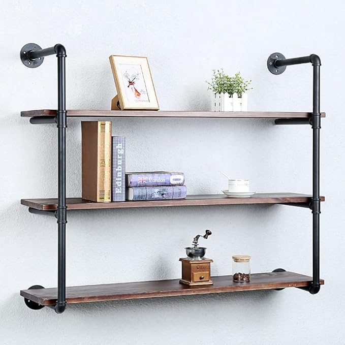 Industrial Pipe Shelving Wall Mounted,42in Rustic Metal Floating Shelves,Steampunk Real Wood Book Shelves,Wall Shelf Unit Bookshelf Hanging Wall Shelves,Farmhouse Kitchen Bar Shelving(4 Tier)