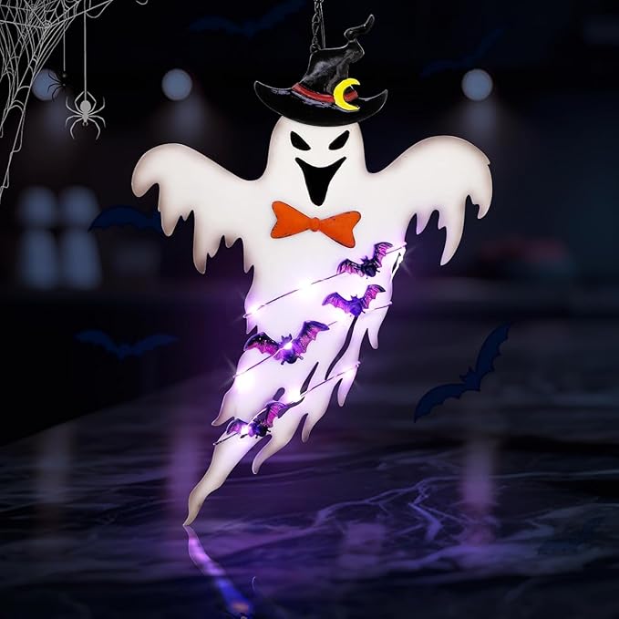 ILLUMINEW Solar Halloween Metal Hanging Decorations Outdoor, Solar Powered Lighted Metal Ghost for Halloween Outdoor Tree, Wall, Porch, Patio Decor (Ghost)
