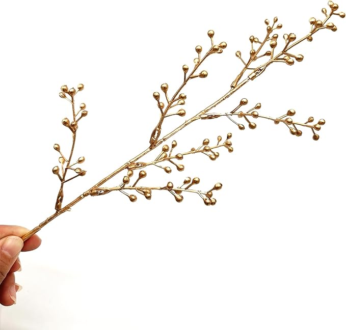 Artificial Golden Berry Stem Decor, Faux Glitter Flowers Stems Branches Plants Fake Berries Sticks Plant for Indoor Wedding Bouquet Party Wreath Crafts Gift Christmas Tree DIY Decoration - Gold 6 Pcs