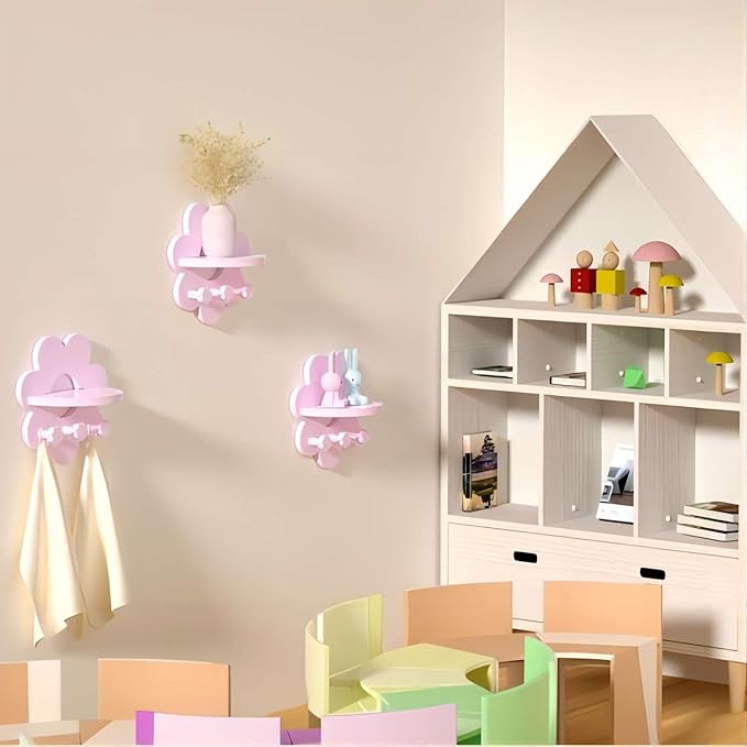Floating Shelf for Wall, Hanging Display Wall Shelf with Hooks Wooden Daisy Flower Shelf for Bathroom Living Room Bedroom Wall Decor, Pink
