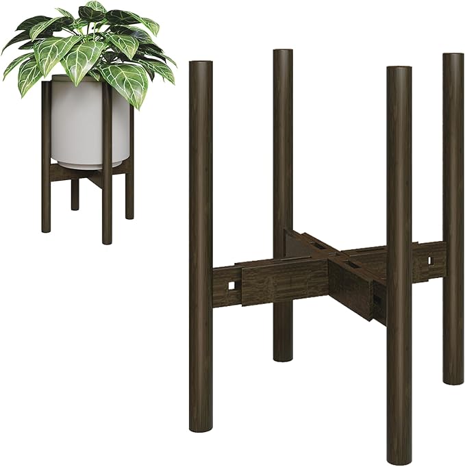 Adjustable Plant Stand Indoor, Bamboo Plant Holder 8 to 17 Inches, Small Tall Planter Stand for Indoor Plants, Single Floor Plant Stand for Living Room Balcony Bedroom, Tea Brown