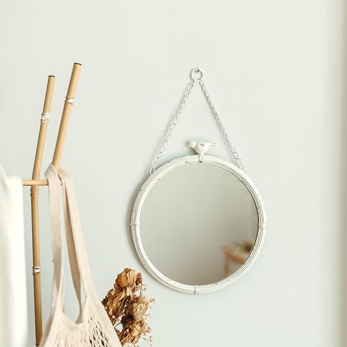 NIKKY HOME 11 Inch Decorative Small Hanging Mirrors Vintage Rustic Round Metal Framed Wall Mounted Mirror Decor with Bird for Bathroom Living Room Office, Rustic White