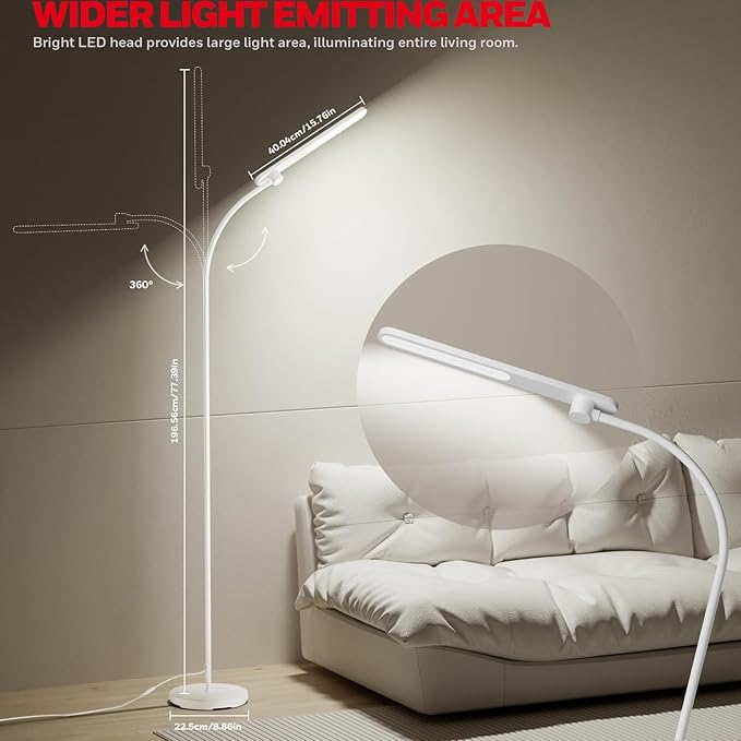 HoneyWell LED Floor Lamp, F4 Sunturalux™ Gooseneck Floor Lamps for Living Room, Super Bright Stepless Dimmable Tall Standing Lamp, Modern Eye-Caring Reading Floor Lamp for Bedroom Office Study