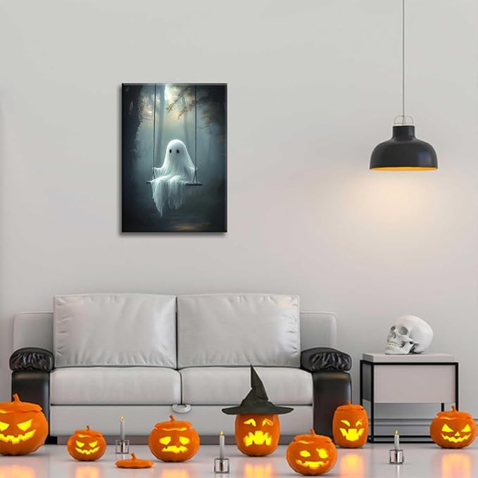 ILLBDR Cute Ghost Canvas Wall Art Halloween Decor Vintage Painting, Spooky Silhouette Ghost Haunted House Art, Bedroom Gothic Decor Ready to Hang, 12x16 Inch Framed