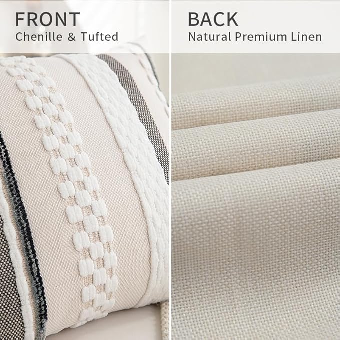 Boho Pillow Covers 18x18 Set of 2 for Couch-Modern Farmhouse Sofa Decorative Throw Pillow Covers Textured Chenille Cushion Covers Outdoor Netural Bohemian Pillow Cases Square