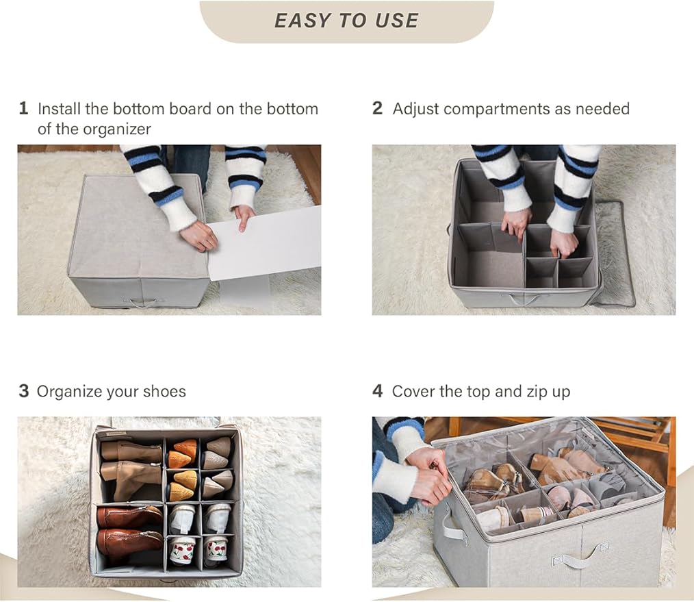 StorageWorks Shoe Organizer for Closet, Fits up to 16 Pairs, Shoe Cubby Storage Containers with Adjustable Dividers and Clear Cover, Beige