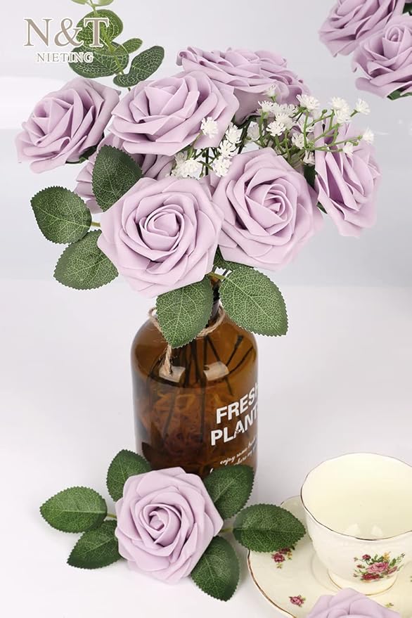 N&T NIETING Artificial Wedding Flowers 25 pcs Lilac Roses Fake Roses with Long Stems for Decortion Mother's Day Baby Shower Arrangements Bouquets